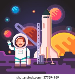 Astronaut boy landed on a moon or an alien planet on his rocket ship shuttle. Standing in spacesuit on a surface. Flat style vector illustration.