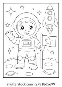 Pag para colorear de niño astronauta en la luna para niños. Explorador espacial feliz con la bandera y la nave del cohete.