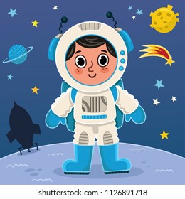 Astronaut boy on the planet. Vector illustration.