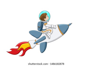 Astronaut boy on a rocket flying through white background