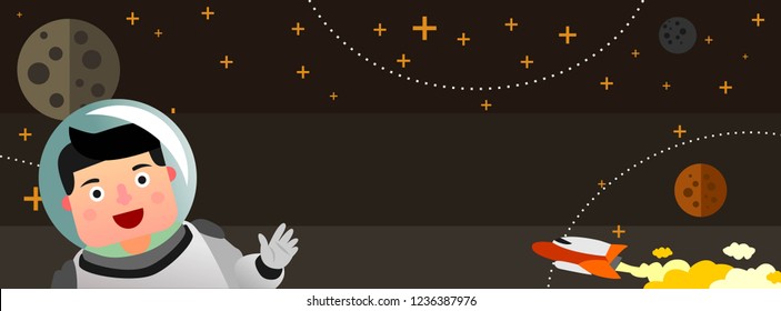 astronaut boy in outer space in front of planet and spaceship