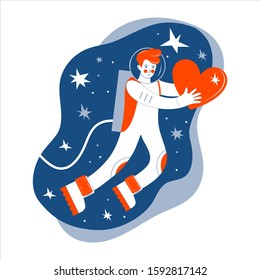 Astronaut boy in outer space holding a red heart. Greeting card or banner for Valentine's day. The trending colors Lush Lava and Bluest Blues. Concept of cosmic love. Cosmonaut among the stars.