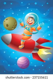 Astronaut boy riding red rocket ship, outer space background