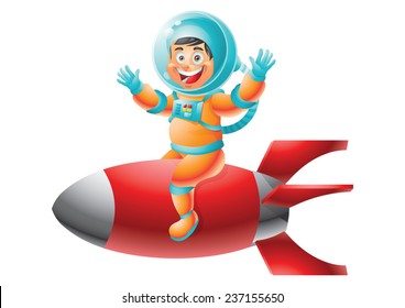 Astronaut boy riding red rocket ship isolated