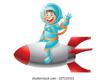 Astronaut boy riding rocket ship isolated