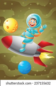 Astronaut boy riding rocket ship, outer space background