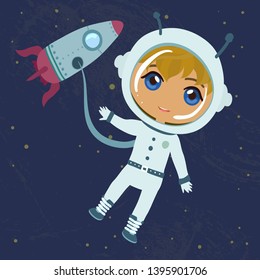 Astronaut boy with rocket in outer space. Clip art cartoon illustration on white background.