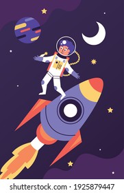 astronaut boy and rocket space scene vector illustration design