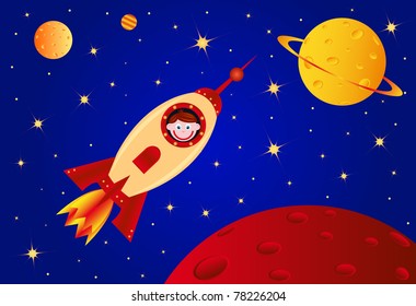 Astronaut boy in the rocket in the universe, vector illustration