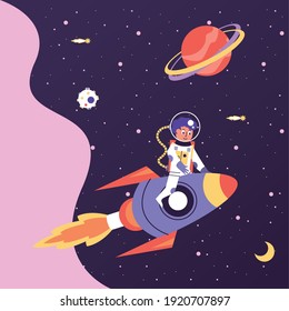 niño astronauta sentado en el diseño de la ilustración vectorial de la escena del cohete