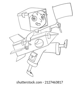Astronaut boy. Space adventure. Cartoon character. Black and white illustration. Vector illustration. Isolated on white background. 