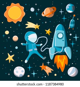 Astronaut boy with spaceship in space. Rocket, sun, stars and planets background. Stock vector