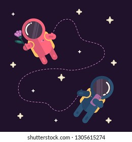 Astronaut boy takes a photo of an astronaut girl with a flower in space. Vector illustration. Space love in cosmos.