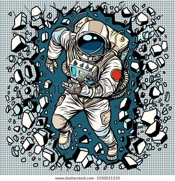 宇宙飛行士は壁を破り 指導力と決意を持つ ポップアートレトロな漫画本ベクター漫画ベクターイラスト手描き のベクター画像素材 ロイヤリティフリー