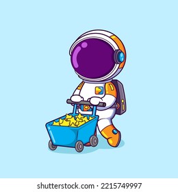 The astronaut is bringing many stars that he got in the galaxy with a trolley of illustration