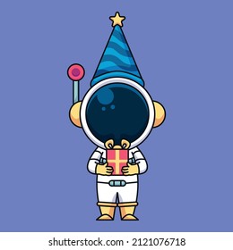 Astronaut brings birthday gift, cute cartoon icon illustration