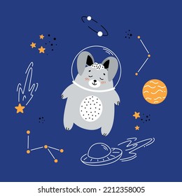 Astronaut bunny, bunny flying in space, children's illustrations on the space theme, spaceships, aliens, comet, planet, asteroid, space, galaxy, rocket flying into space, alien ship