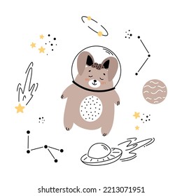 Astronaut bunny, bunny flying in space, children's illustrations on the space theme, spaceships, aliens, comet, planet, asteroid, space, galaxy, rocket flying into space, alien ship