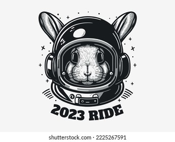 Astronaut bunny rabbit hipster in space helmet artwork vector. 2023 Happy New Year illustration