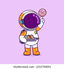 The astronaut is buying many doughnuts and playing trick on hand with it of illustration