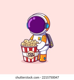 The astronaut is buying a popcorn in a theater and ready to eat it while watching of illustration