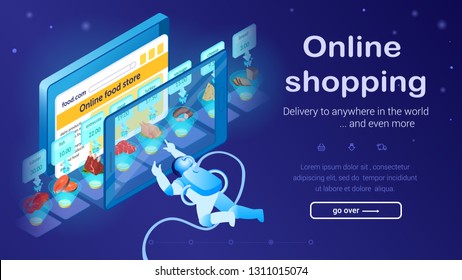 Astronaut Buys Food with Tablet. Fast Delivery Concept. Online Food Store. Online Shopping. Small Cosmonaut Clicks on Large Screen. Buy with Mobile App. Internet Store. Landing Page. Vector EPS 10.