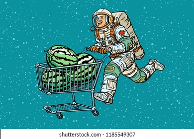 Astronaut buys watermelons. shopping cart trolley sale. Pop art retro vector illustration vintage kitsch