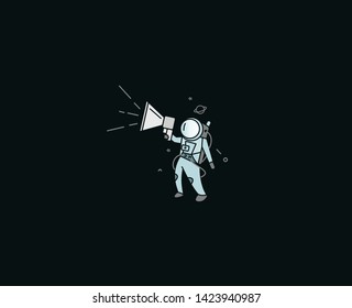 Astronaut is calling for a sale ( announcement ) - Flat Line Art Design Illustration.