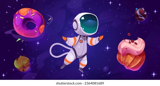 Astronaut in candy space near donut planet child cartoon vector. Cosmic childish fantasy planetary illustration for extraterrestrial chocolate and pastry game universe drawing night sky concept.