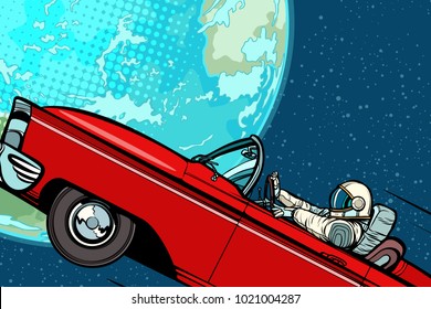 Astronaut in a car over the planet Earth. Pop art retro vector illustration comic cartoon hand drawn vector