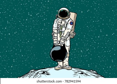 Astronaut with cargo weights. Pop art retro vector illustration