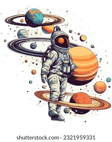 astronaut carries many planets in outer space 