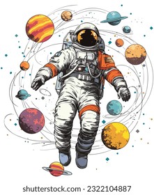 astronaut carries many planets in outer space 