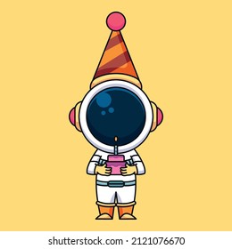 Astronaut carrying birthday cake, cute cartoon icon illustration