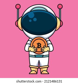 Astronaut carrying bitcoin cryptocurrency coin, cute cartoon icon illustration