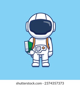 Astronaut carrying a book for literature review. Vector flat cartoon character illustration