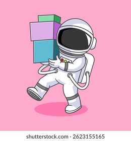 Astronaut Carrying Boxes Gift in Space Vector Illustration Cartoon Design