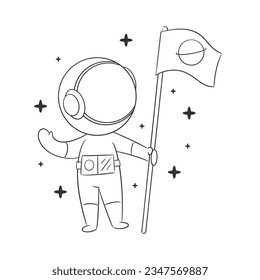 Astronaut carrying flag in hand for coloring