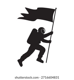 Astronaut carrying a flag running forward depicted as a bold black silhouette graphic