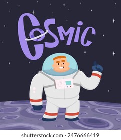 Astronaut cartoon background character space exploring standing and pointing