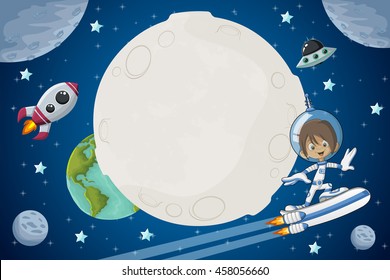 Astronaut cartoon boy flying in the space with a futuristic rocket skate board.
