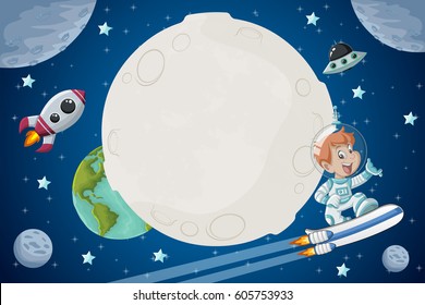 Astronaut cartoon boy flying in the space with a futuristic rocket skate board.
