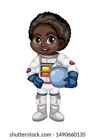 Astronaut Cartoon Character in Outer Space Suit. Astronaut Boy isolated on White Background. Cartoon Kid Wearing Astronaut Costume. Vector Illustration for Children Books and Games