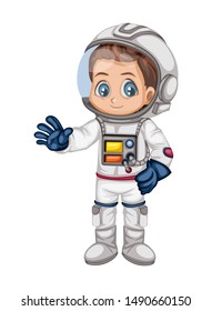 Astronaut Cartoon Character in Outer Space Suit. Astronaut Boy isolated on White Background. Cartoon Kid Wearing Astronaut Costume. Vector Illustration for Children Books and Games