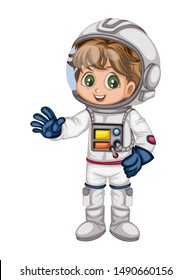 Astronaut Cartoon Character in Outer Space Suit. Astronaut Boy isolated on White Background. Cartoon Kid Wearing Astronaut Costume. Vector Illustration for Children Books and Games
