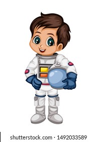 Astronaut Cartoon Character in Outer Space Suit. Astronaut Girl isolated on White Background. Cartoon Kid Wearing Astronaut Costume. Vector Illustration for Children Books and Games