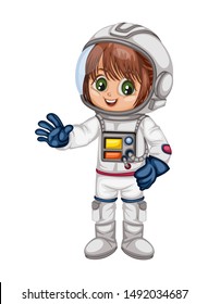 Astronaut Cartoon Character in Outer Space Suit. Astronaut Girl isolated on White Background. Cartoon Kid Wearing Astronaut Costume. Vector Illustration for Children Books and Games