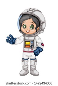 Astronaut Cartoon Character in Outer Space Suit. Astronaut Boy isolated on White Background. Cartoon Kid Wearing Astronaut Costume. Vector Illustration for Children Books and Games