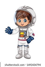 Astronaut Cartoon Character in Outer Space Suit. Astronaut Boy isolated on White Background. Cartoon Kid Wearing Astronaut Costume. Vector Illustration for Children Books and Games
