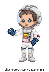 Astronaut Cartoon Character in Outer Space Suit. Astronaut Boy isolated on White Background. Cartoon Kid Wearing Astronaut Costume. Vector Illustration for Children Books and Games